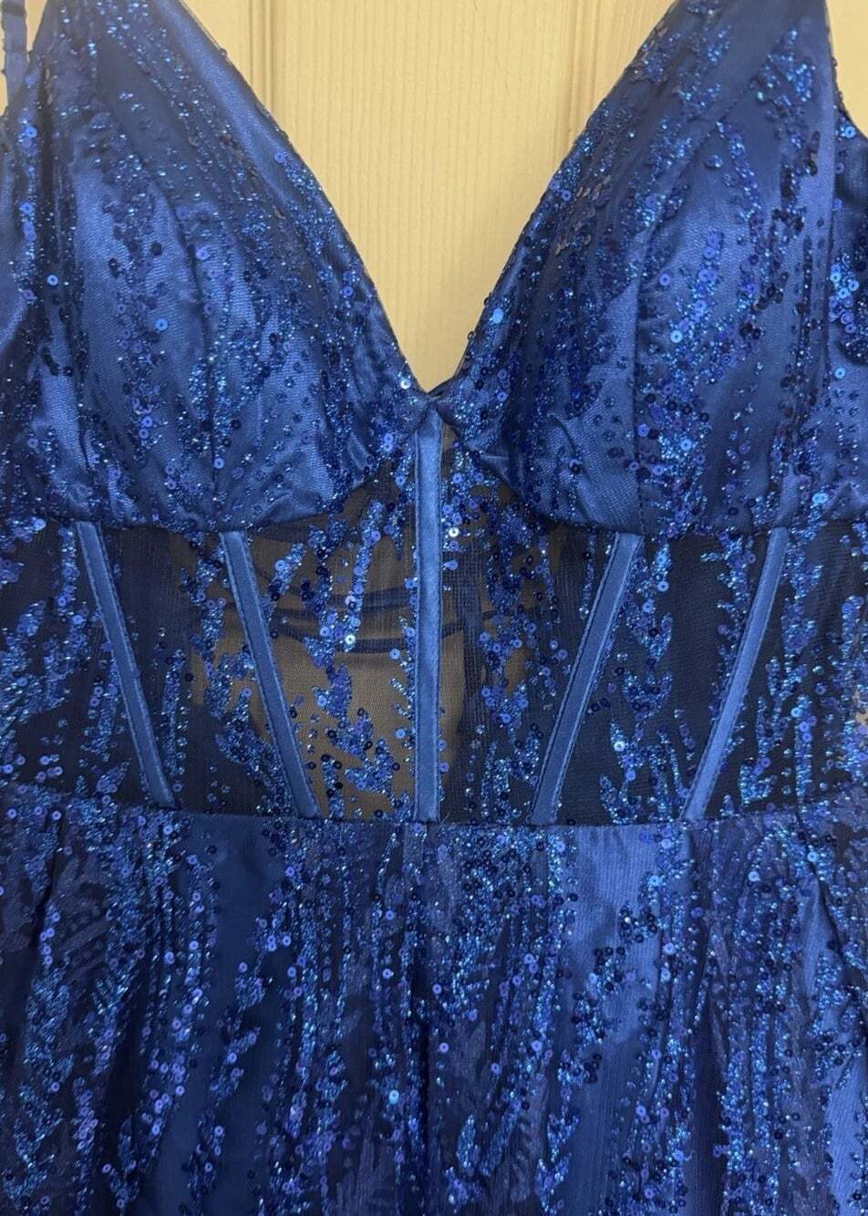 Blondie Nites Jr Size 5 Royal Blue Glitter-Mesh Corset Lace-Up Dress Pockets - Picture 2 of 16